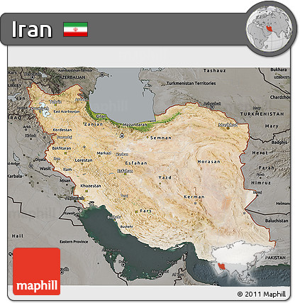 Satellite 3D Map of Iran, darken, semi-desaturated
