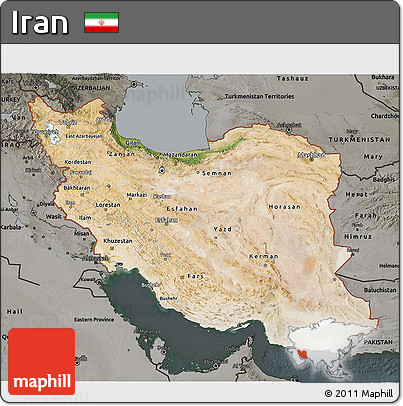 Satellite 3D Map of Iran, darken, semi-desaturated