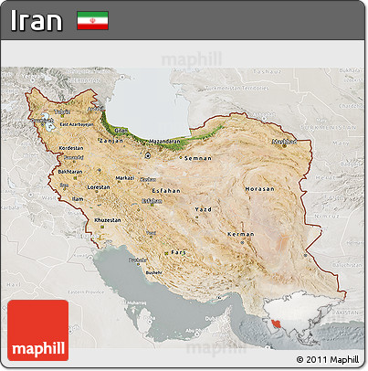 Satellite 3D Map of Iran, lighten, semi-desaturated