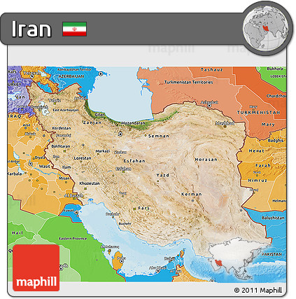 Satellite 3D Map of Iran, political shades outside