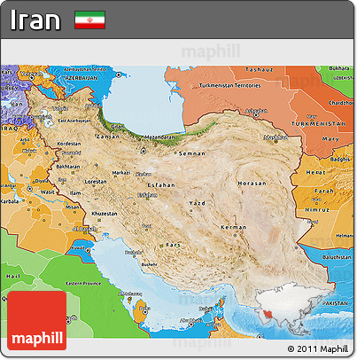 Satellite 3D Map of Iran, political shades outside