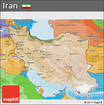 Satellite 3D Map of Iran, political shades outside