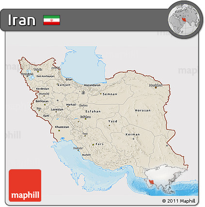 Shaded Relief 3D Map of Iran, single color outside, bathymetry sea, shaded relief sea
