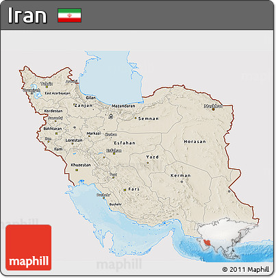 Shaded Relief 3D Map of Iran, single color outside, bathymetry sea, shaded relief sea