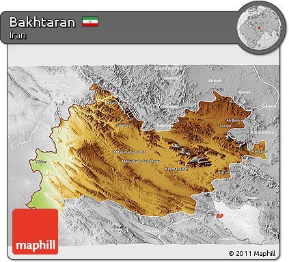 Physical 3D Map of Bakhtaran, lighten, desaturated