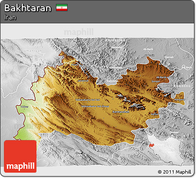 Physical 3D Map of Bakhtaran, lighten, desaturated