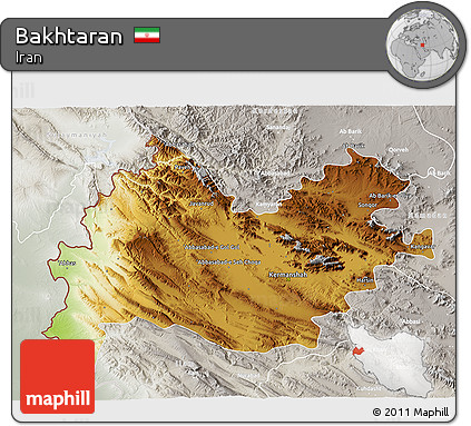 Physical 3D Map of Bakhtaran, lighten, semi-desaturated