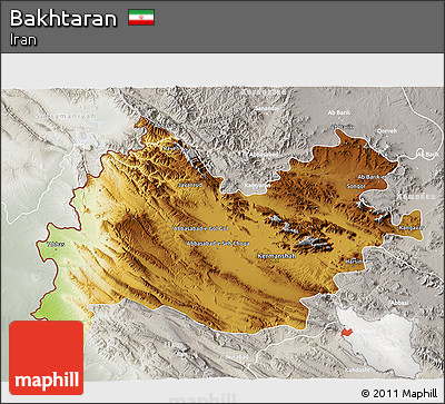 Physical 3D Map of Bakhtaran, lighten, semi-desaturated