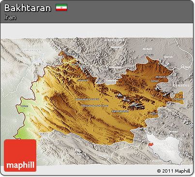 Physical 3D Map of Bakhtaran, lighten, semi-desaturated