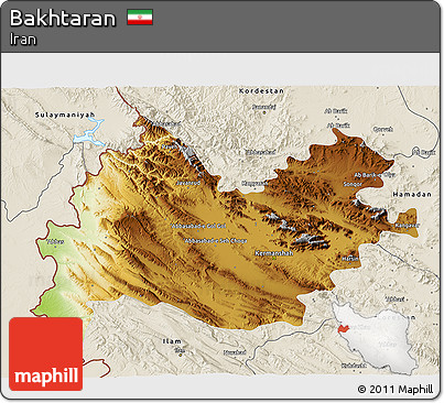 Physical 3D Map of Bakhtaran, shaded relief outside