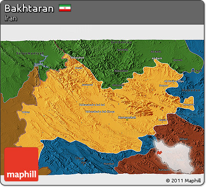 Political 3D Map of Bakhtaran, darken