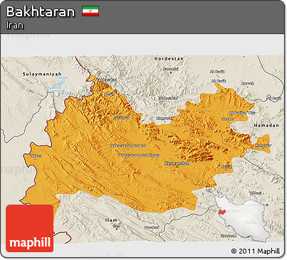 Political 3D Map of Bakhtaran, shaded relief outside
