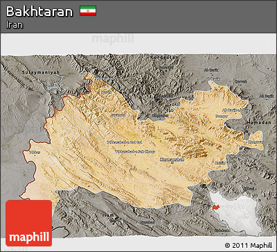 Satellite 3D Map of Bakhtaran, darken, semi-desaturated