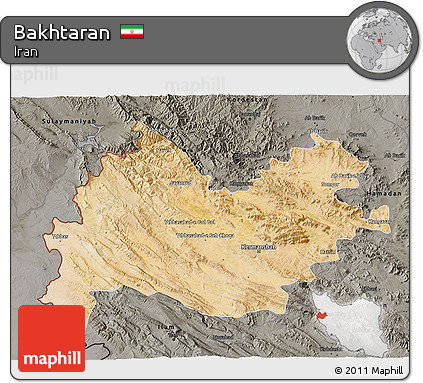 Satellite 3D Map of Bakhtaran, darken, semi-desaturated