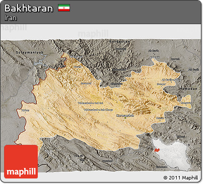 Satellite 3D Map of Bakhtaran, darken, semi-desaturated