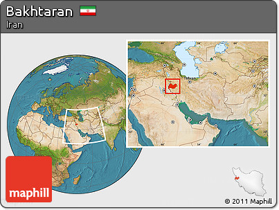 Satellite Location Map of Bakhtaran, within the entire country