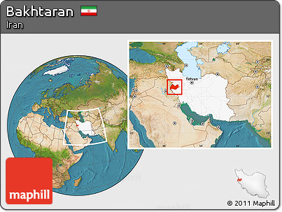 Satellite Location Map of Bakhtaran, highlighted country, within the entire country