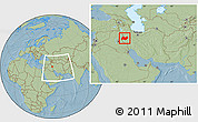 Savanna Style Location Map of Bakhtaran, within the entire country, hill shading