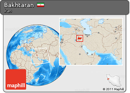 Shaded Relief Location Map of Bakhtaran, within the entire country