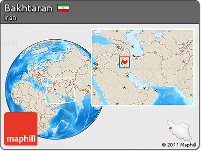 Shaded Relief Location Map of Bakhtaran, within the entire country