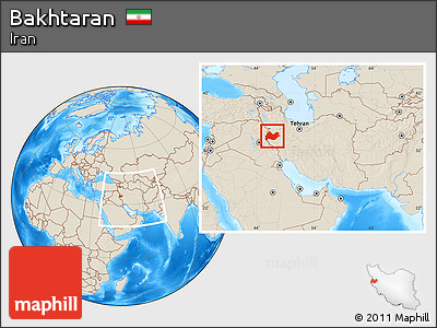 Shaded Relief Location Map of Bakhtaran, within the entire country