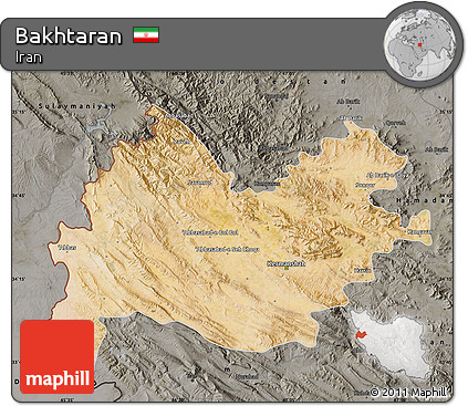 Satellite Map of Bakhtaran, darken, semi-desaturated