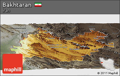 Physical Panoramic Map of Bakhtaran, darken, semi-desaturated