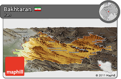 Physical Panoramic Map of Bakhtaran, darken, semi-desaturated