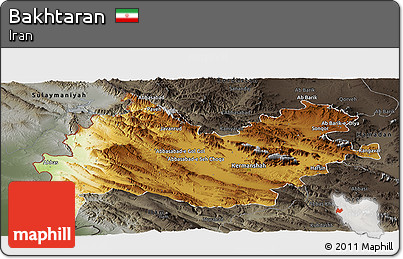 Physical Panoramic Map of Bakhtaran, darken, semi-desaturated