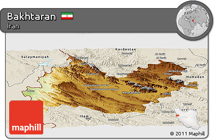 Physical Panoramic Map of Bakhtaran, shaded relief outside