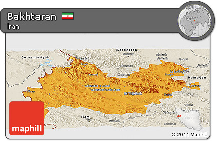 Political Panoramic Map of Bakhtaran, shaded relief outside