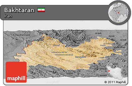 Satellite Panoramic Map of Bakhtaran, darken, desaturated