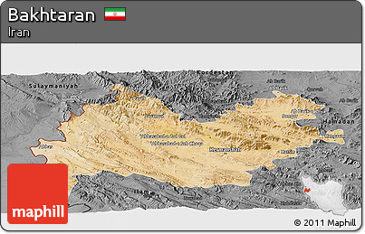 Satellite Panoramic Map of Bakhtaran, darken, desaturated