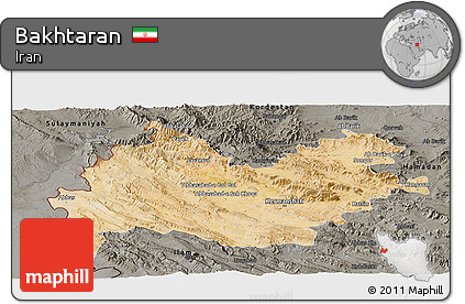 Satellite Panoramic Map of Bakhtaran, darken, semi-desaturated