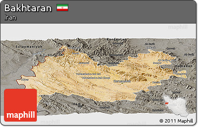 Satellite Panoramic Map of Bakhtaran, darken, semi-desaturated