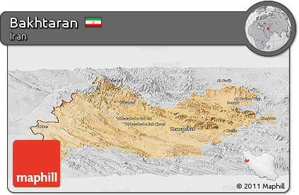 Satellite Panoramic Map of Bakhtaran, lighten, desaturated