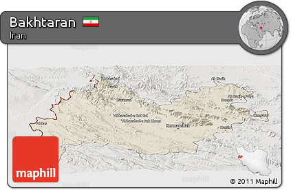 Shaded Relief Panoramic Map of Bakhtaran, lighten, semi-desaturated