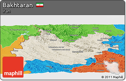 Shaded Relief Panoramic Map of Bakhtaran, political outside