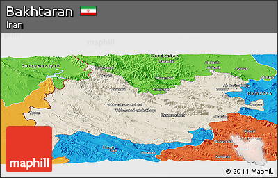 Shaded Relief Panoramic Map of Bakhtaran, political outside