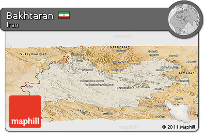 Shaded Relief Panoramic Map of Bakhtaran, satellite outside