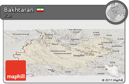 Shaded Relief Panoramic Map of Bakhtaran, semi-desaturated