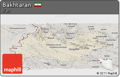Shaded Relief Panoramic Map of Bakhtaran, semi-desaturated