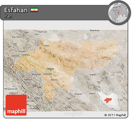 Satellite 3D Map of Esfahan, semi-desaturated