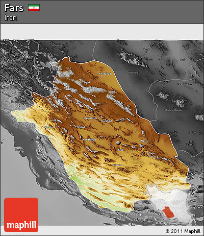 Physical 3D Map of Fars, darken, desaturated