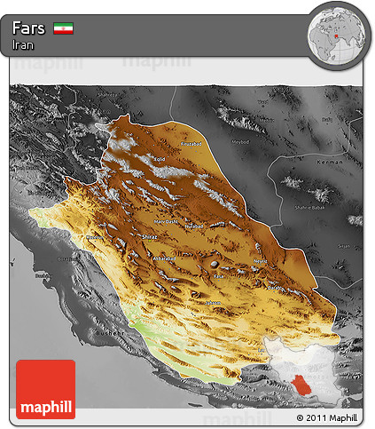 Physical 3D Map of Fars, darken, desaturated