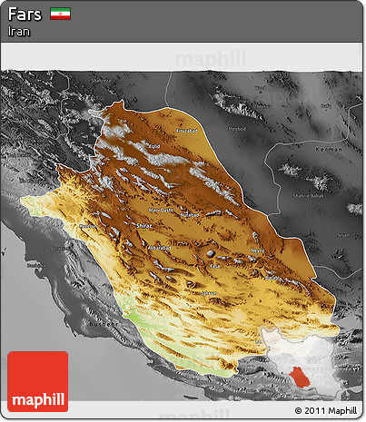 Physical 3D Map of Fars, darken, desaturated