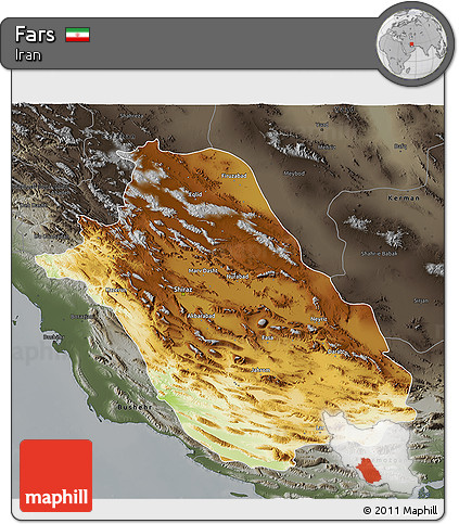 Physical 3D Map of Fars, darken, semi-desaturated