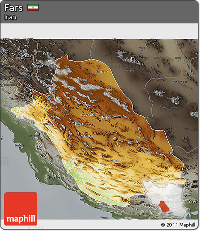 Physical 3D Map of Fars, darken, semi-desaturated