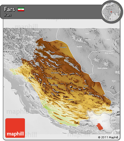 Physical 3D Map of Fars, lighten, desaturated