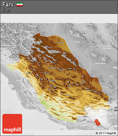 Physical 3D Map of Fars, lighten, desaturated